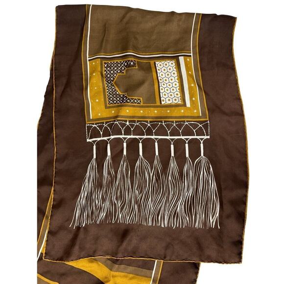 VTG Giorgio Di Sant' ANGELO Brown Gold Silk Scarf Fringe Print Oblong 70s Unisex - Picture 3 of 6